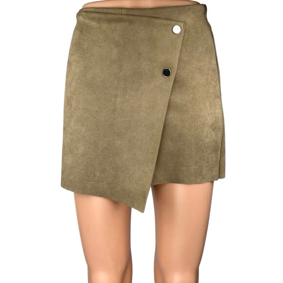 Zara Beige Brown Faux Suede Asymmetric Button Zipper Mini Wrap Skirt Skort Sz XS - Picture 1 of 5